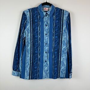 Alia Shirt Women 8 Blue Striped Chain Print Long Sleeve Button-Up Artsy Retro